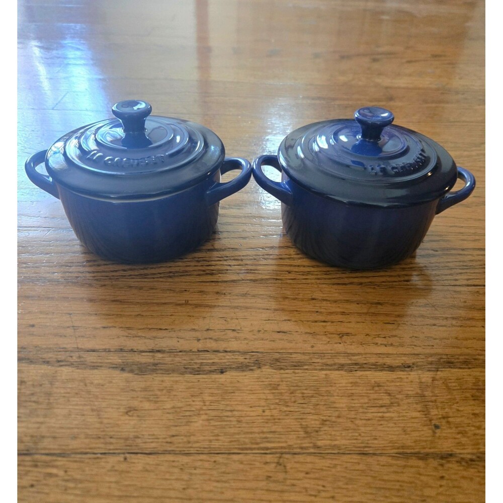 Set of 2 Le Creuset 8oz Mini Round Cocottes Stoneware Cobalt Blue